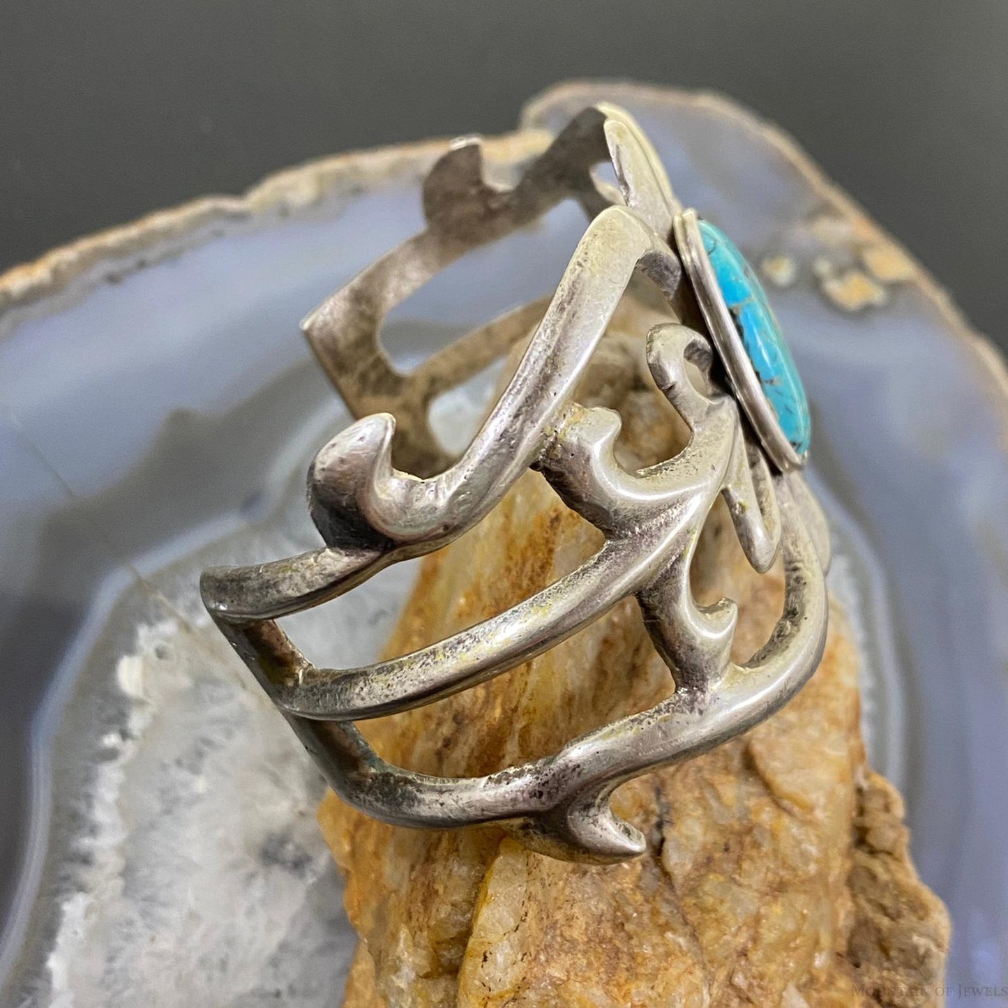 Vintage Native American Silver Turquoise Sandcast Bracelet For Women