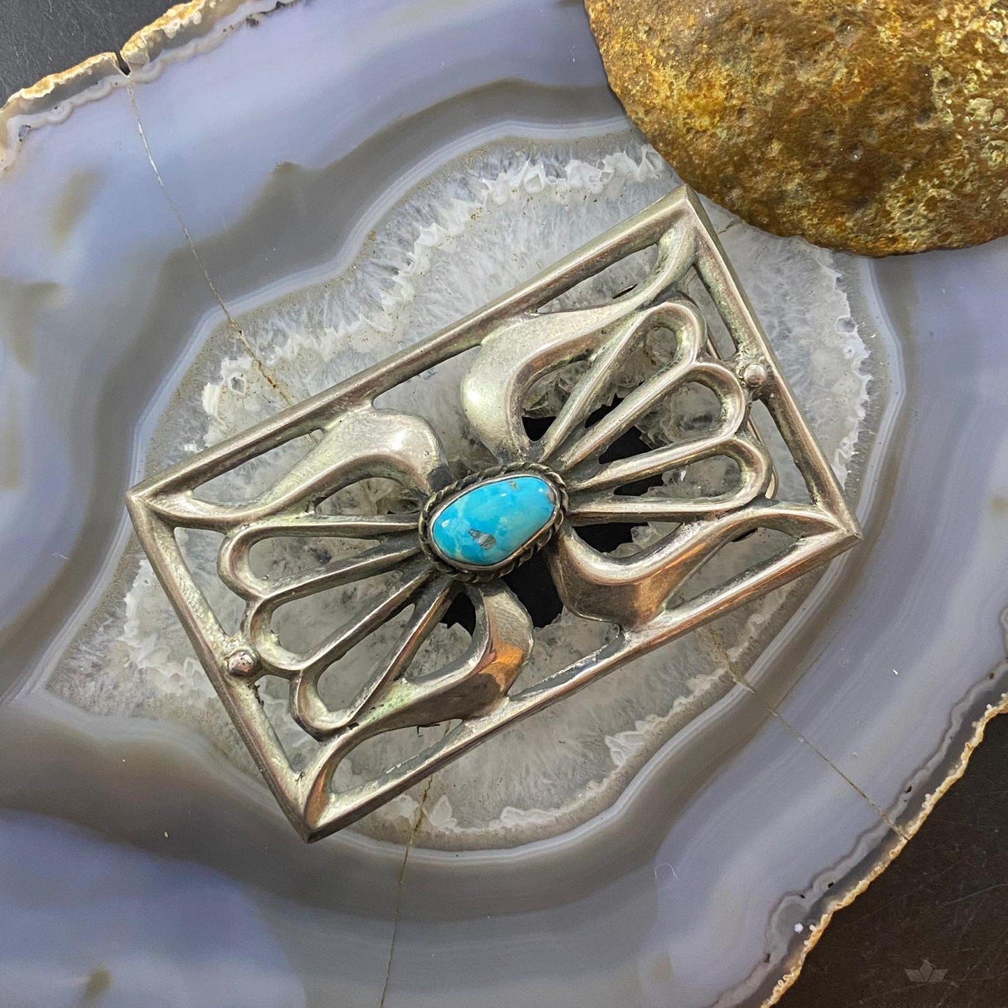 Signed Vintage Native American Silver Sandcast Kingman Turquoise Buckle For Men