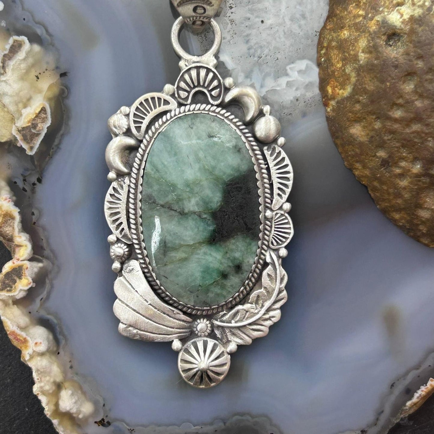 Sterling Silver Southwestern Style Oval Emerald Decorated Pendant For Women #1