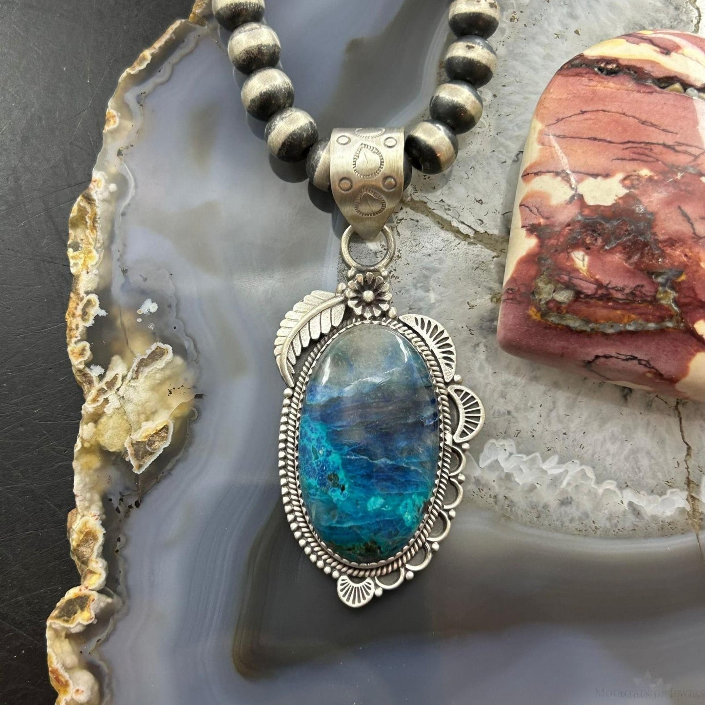 Sterling Silver Southwestern Style Elongated Shattuckite Decorated Pendant For Women