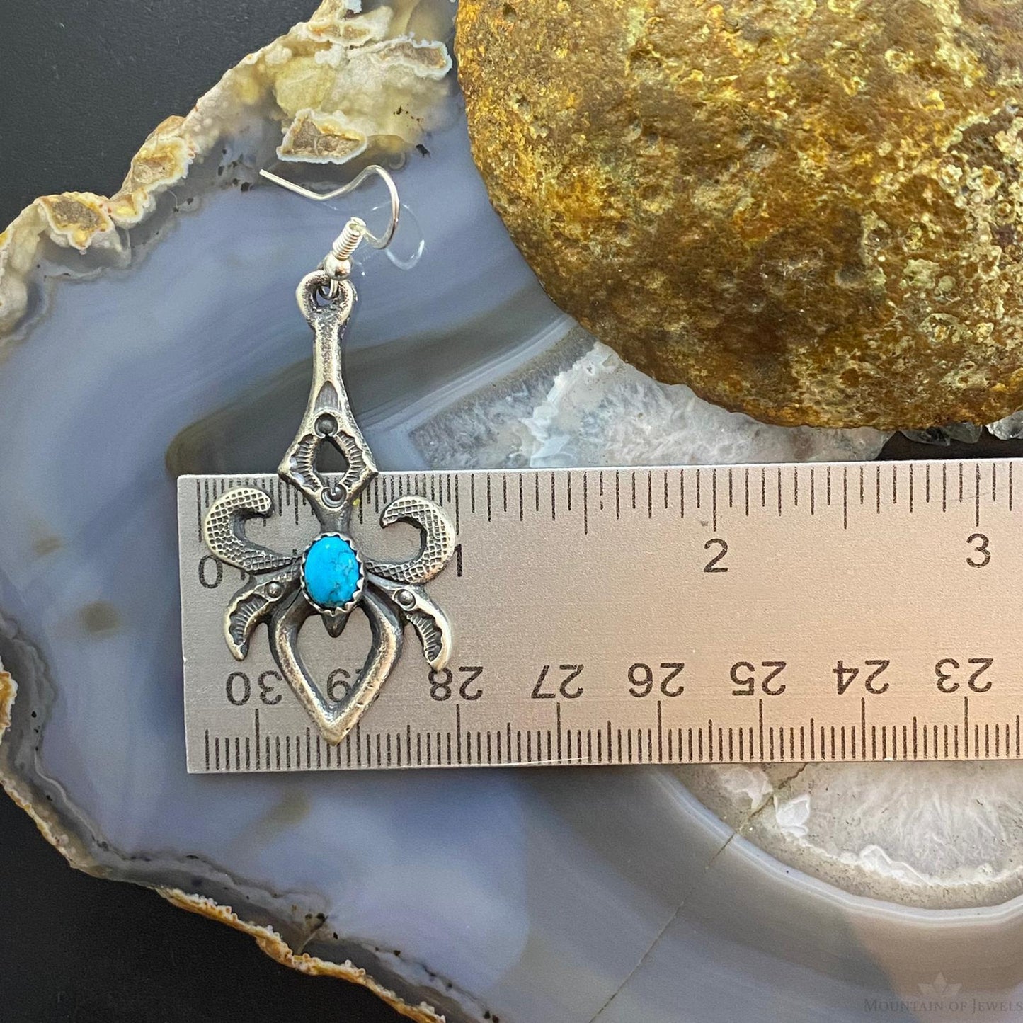 Kevin Billah Sterling Silver Stamped Sand Cast w/Kingman Turquoise Dangle Earrings