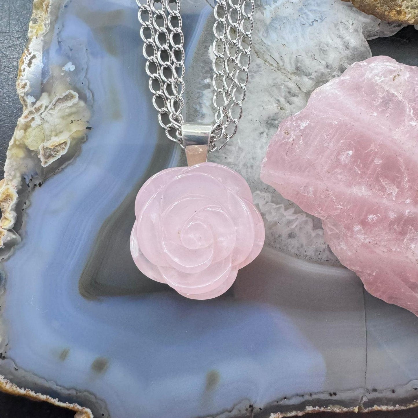 Carolyn Pollack Sterling Silver Carved Rose Quartz Rose Pendant With Chain Necklace For Women