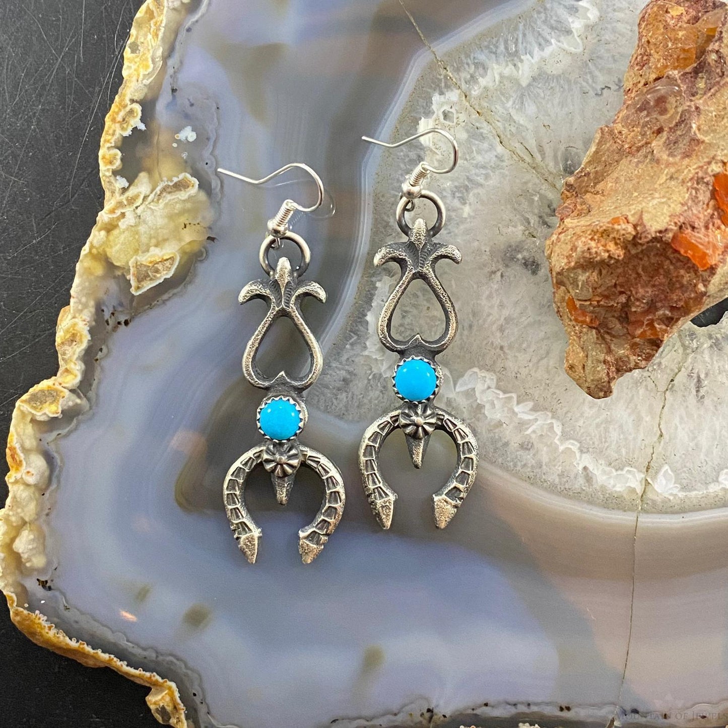 Kevin Billah Native American Sterling Silver Sandcast Turquoise Naja Dangle Earrings #4