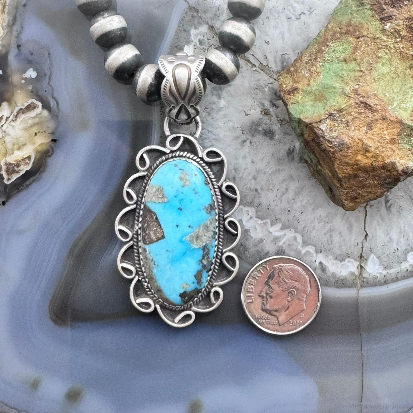 Sterling Silver Southwestern Style Elongated Oval Matrix Turquoise Pendant For Women