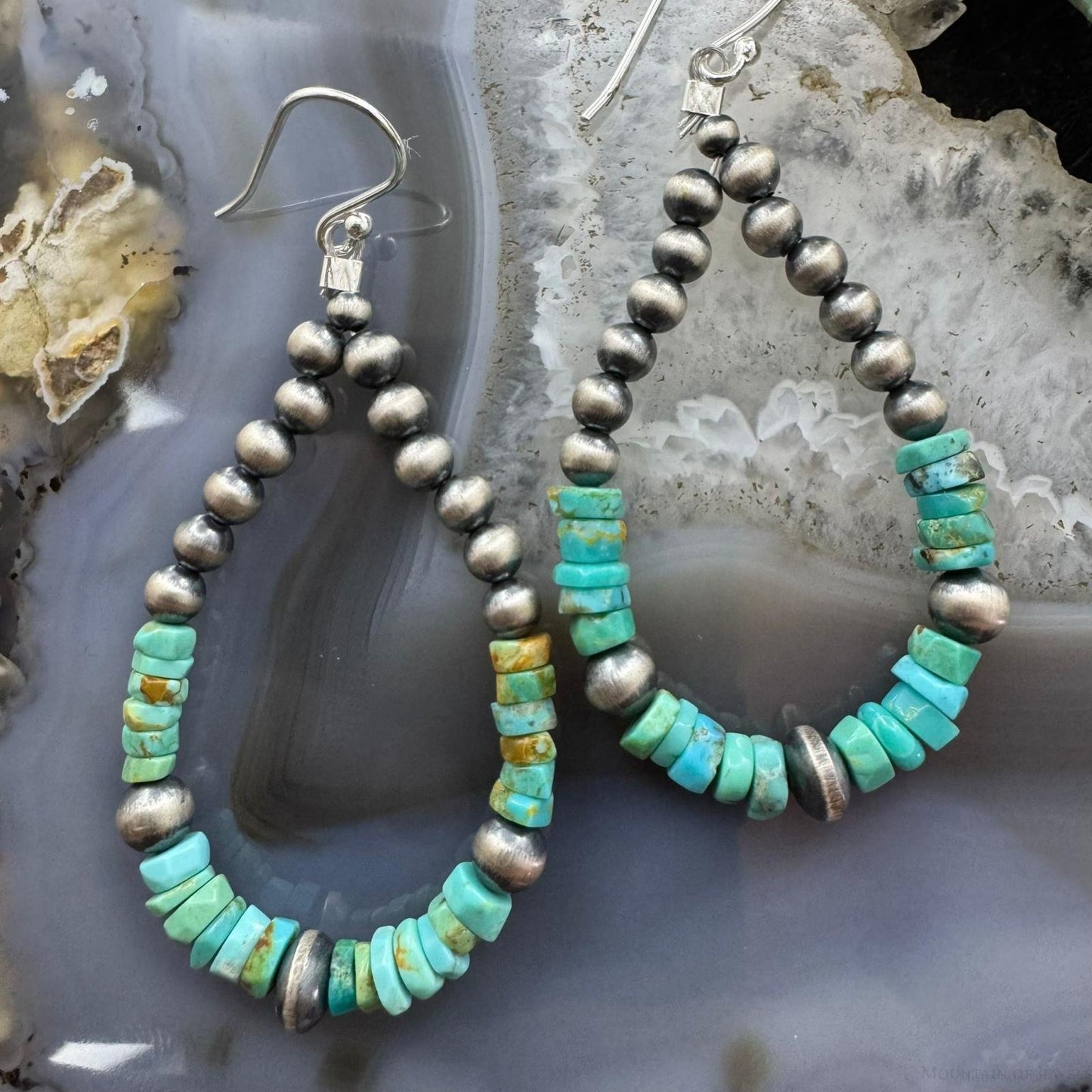 Sterling 4-6mm Navajo Pearl Southwester Style & 5mm Turquoise Bead Hoop Earrings For Women