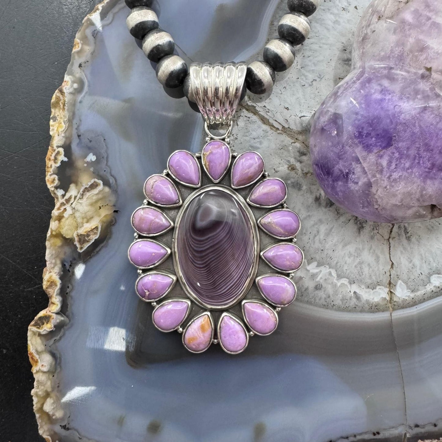 Native American Sterling Silver Wampum & Phosphosiderite Cluster Pendant For Women