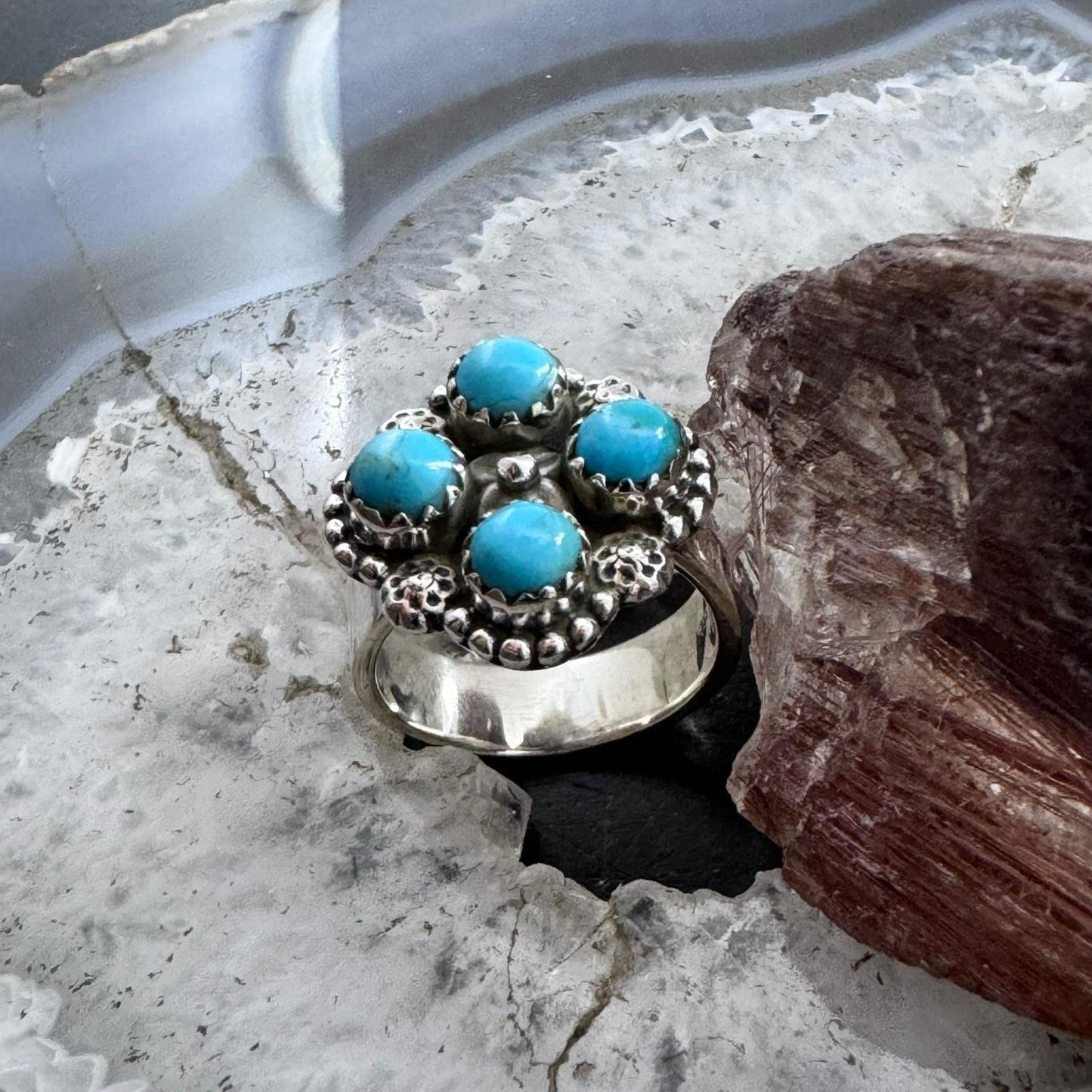 Sterling Silver Southwestern Style 4 Composite Turquoise Adjustable Ring For Women
