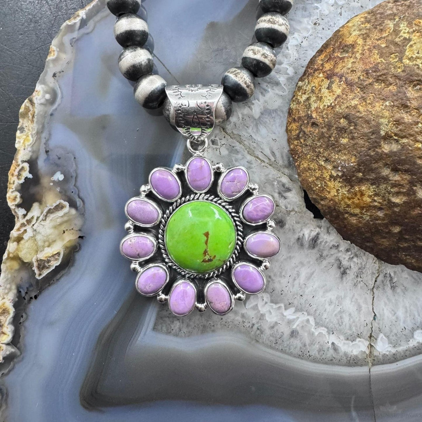 Native American Sterling Silver Green Turquoise w/Phosphosiderite Pendant For Women