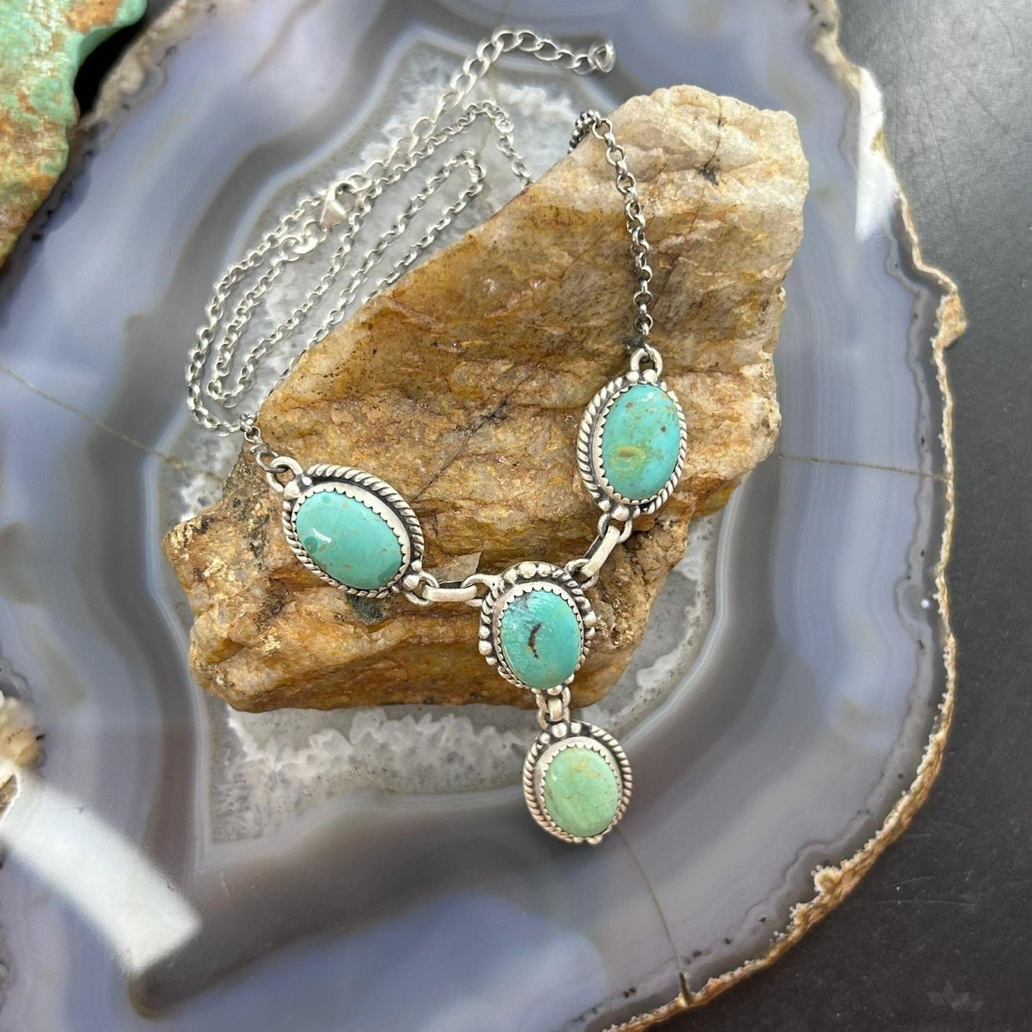 Sterling Silver Southwestern Style 4 Oval Turquoise Lariat Necklace For Women