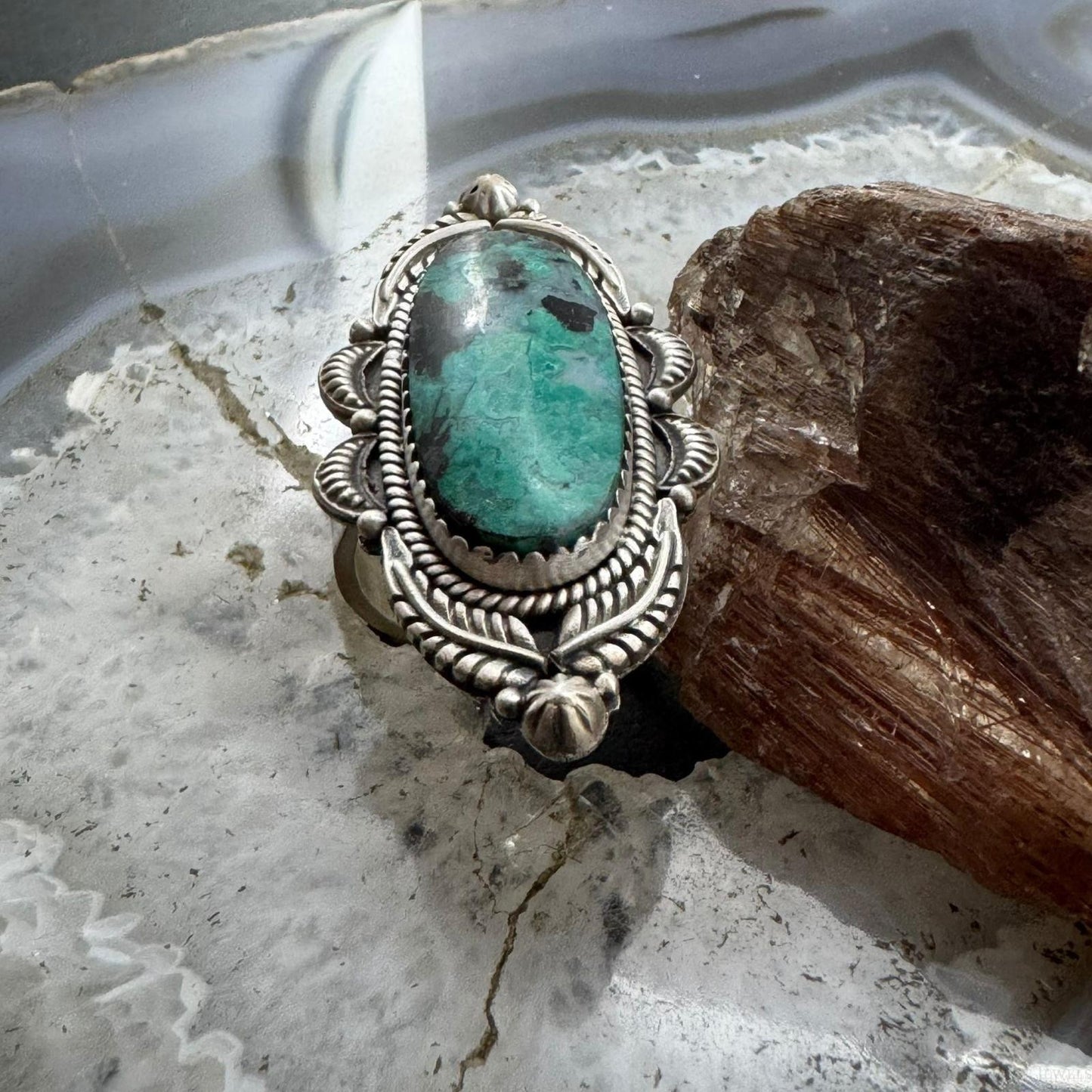 Sterling Silver Southwestern Style Oval Turquoise Decorated Adjustable Ring For Women