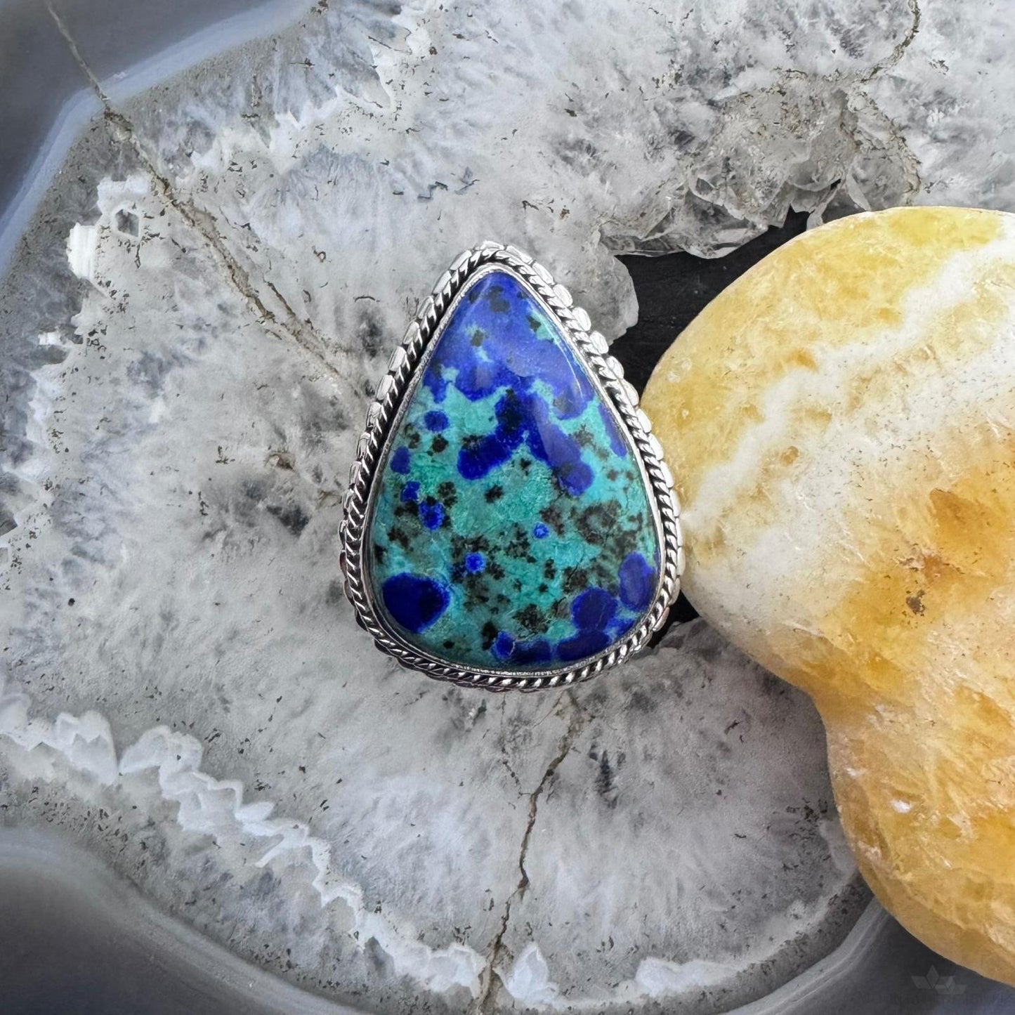 Sterling Silver Southwestern Style Large Teardrop Azurite Ring Size 6 For Women