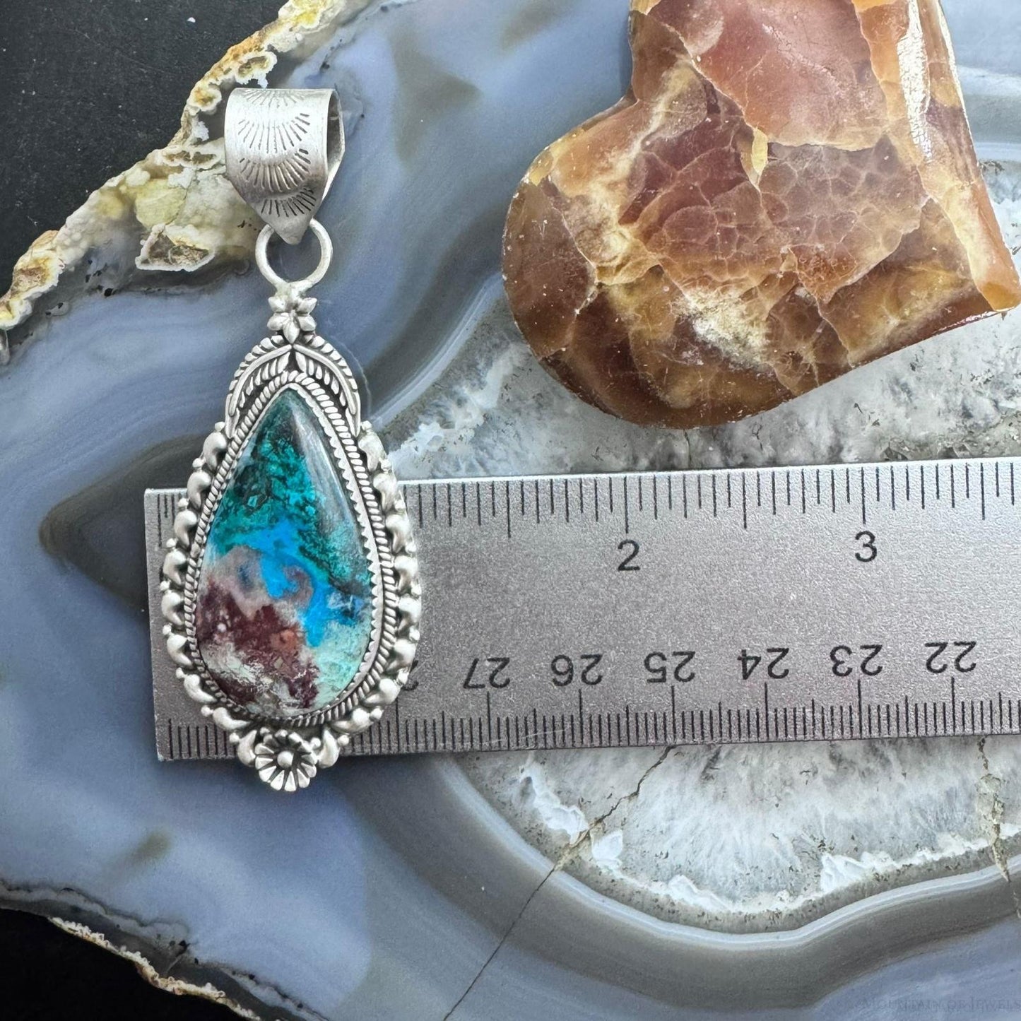Sterling Silver Southwestern Style Elongated Teardrop Shattuckite Pendant For Women