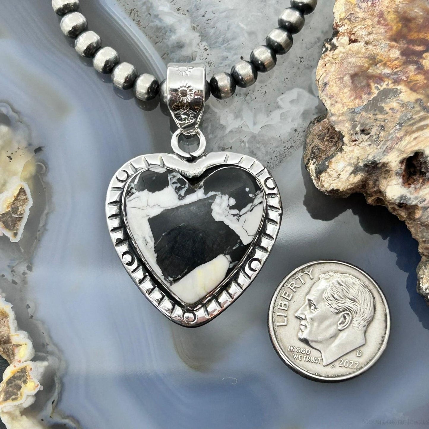 Sterling Silver Southwestern Style White Buffalo Decorated Heart Pendant For Women #1