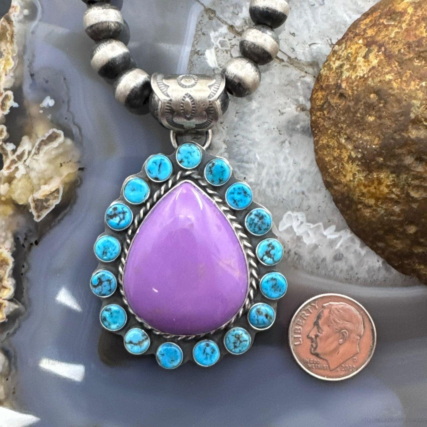 Native American Sterling Silver Purple Phosphosiderite & Turquoise Pendant For Women