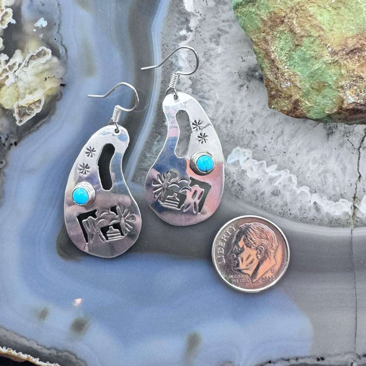 Native American Sterling Silver Cutout SW Motifs w/Turquoise Dangle Earrings For Women