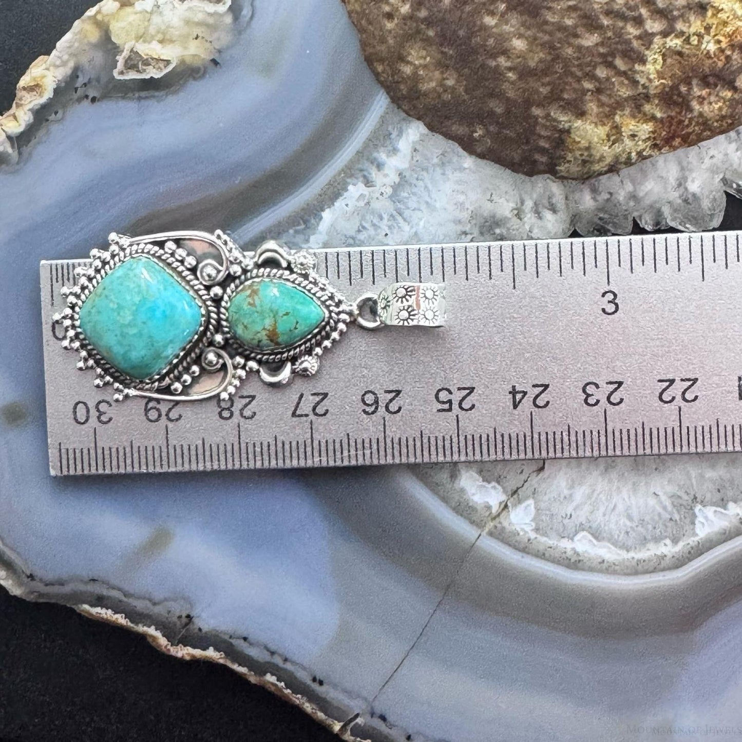 Sterling Silver Southwestern Style 2 Turquoise Decorated Large Pendant For Women