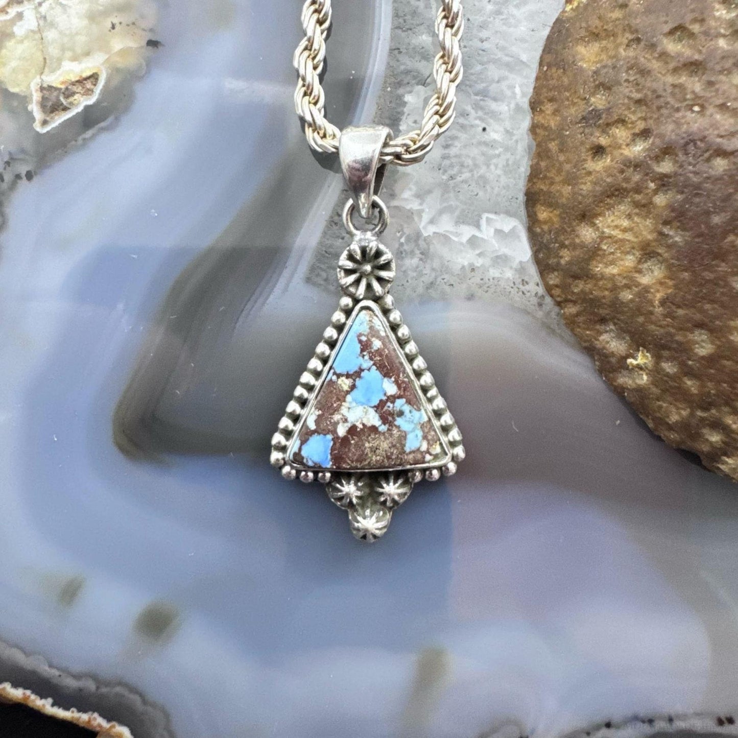 Sterling Silver Southwestern Style Triangle Golden Hill Turquoise Decorated Pendant For Women
