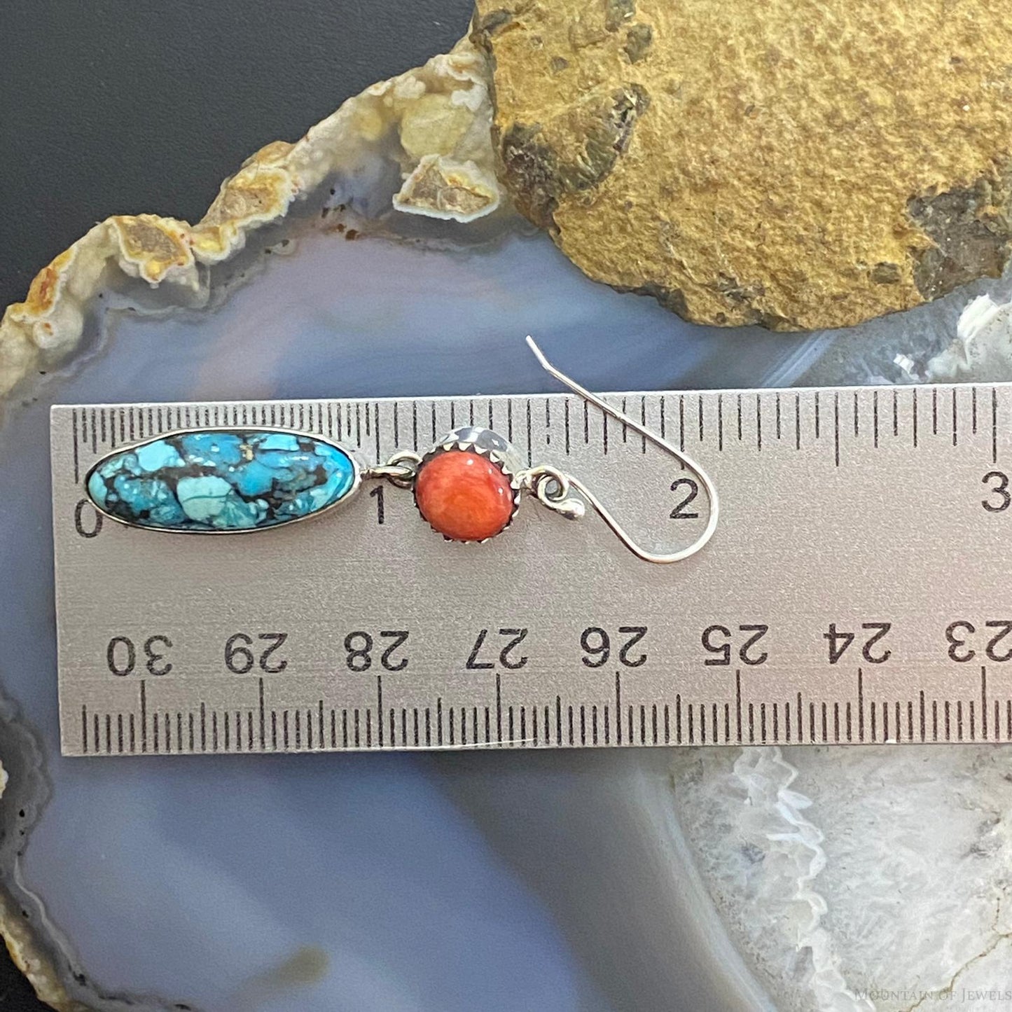 Native American Sterling Spiny Oyster & Oval Mosaic Turquoise Dangle Earrings