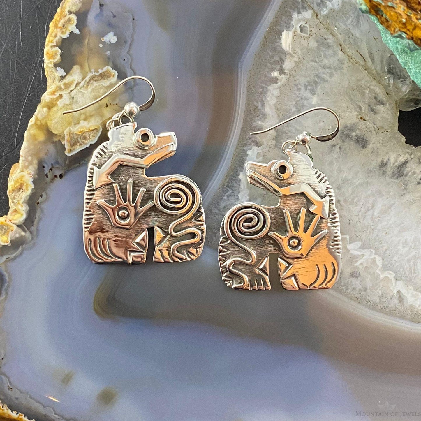 Brad Panteah Sterling Spirit Bear w/Petroglyph Symbols Dangle Earrings For Women