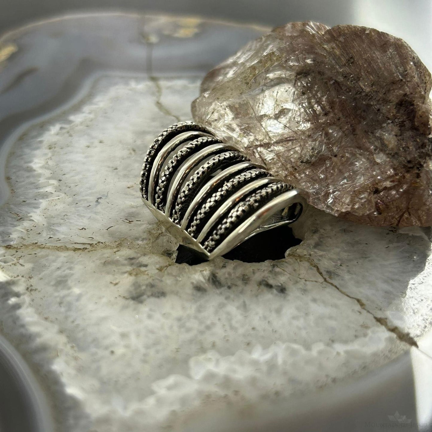 Sterling Silver Stripes Stacked Dome Modern Ring For Women, Taxco Mexico