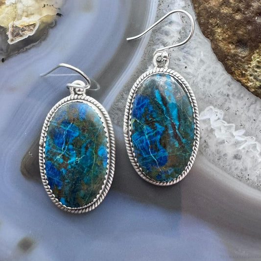 Sterling Silver Southwestern Style Oval Shattuckite Dangle Earrings For Women #3