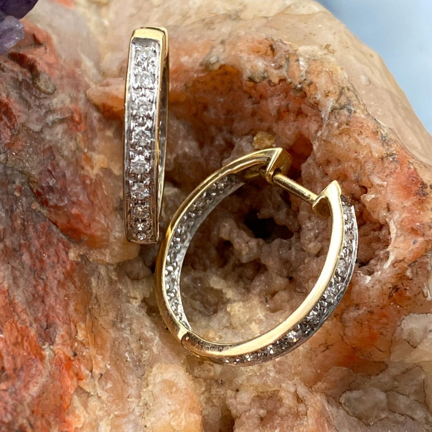 14K Two Tone Gold Diamonds Hugs Hoop Earrings For Women