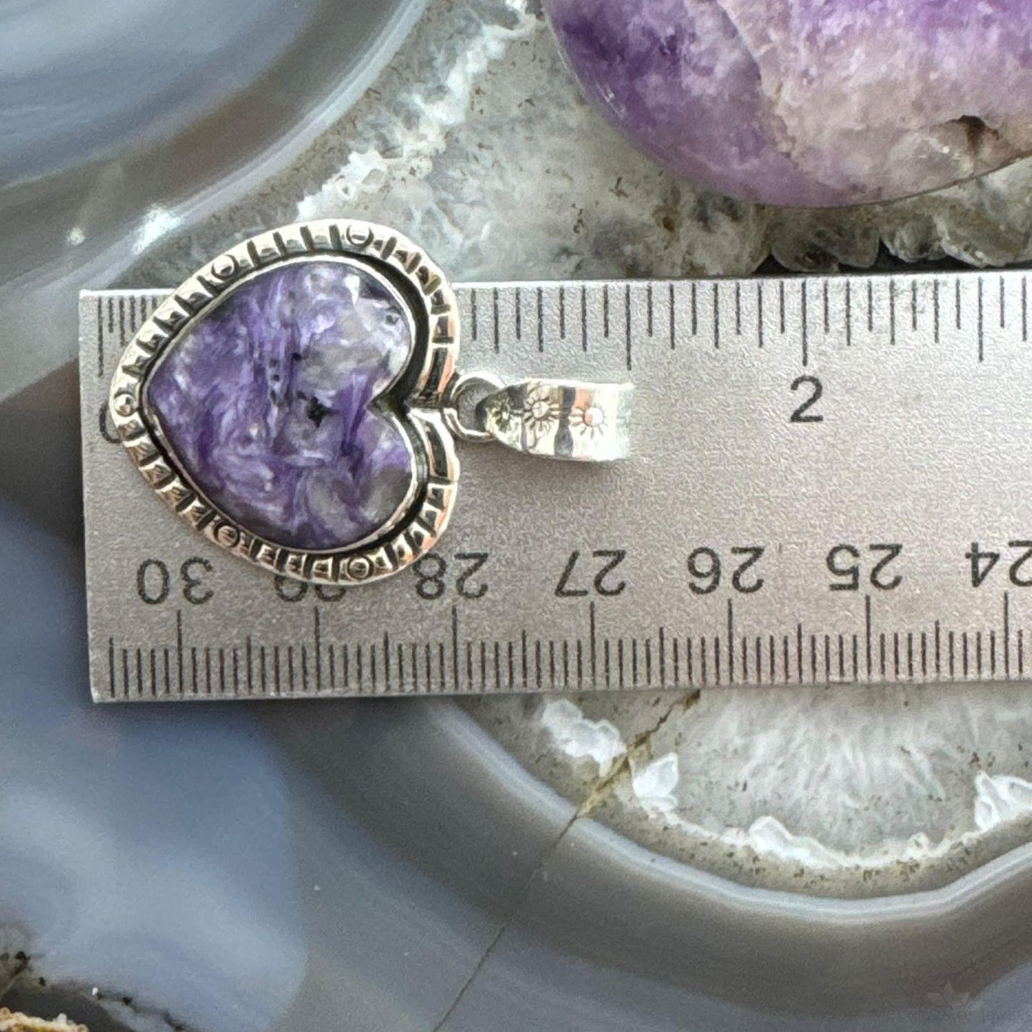 Sterling Silver Southwestern Style Charoite Heart Shape Pendant For Women