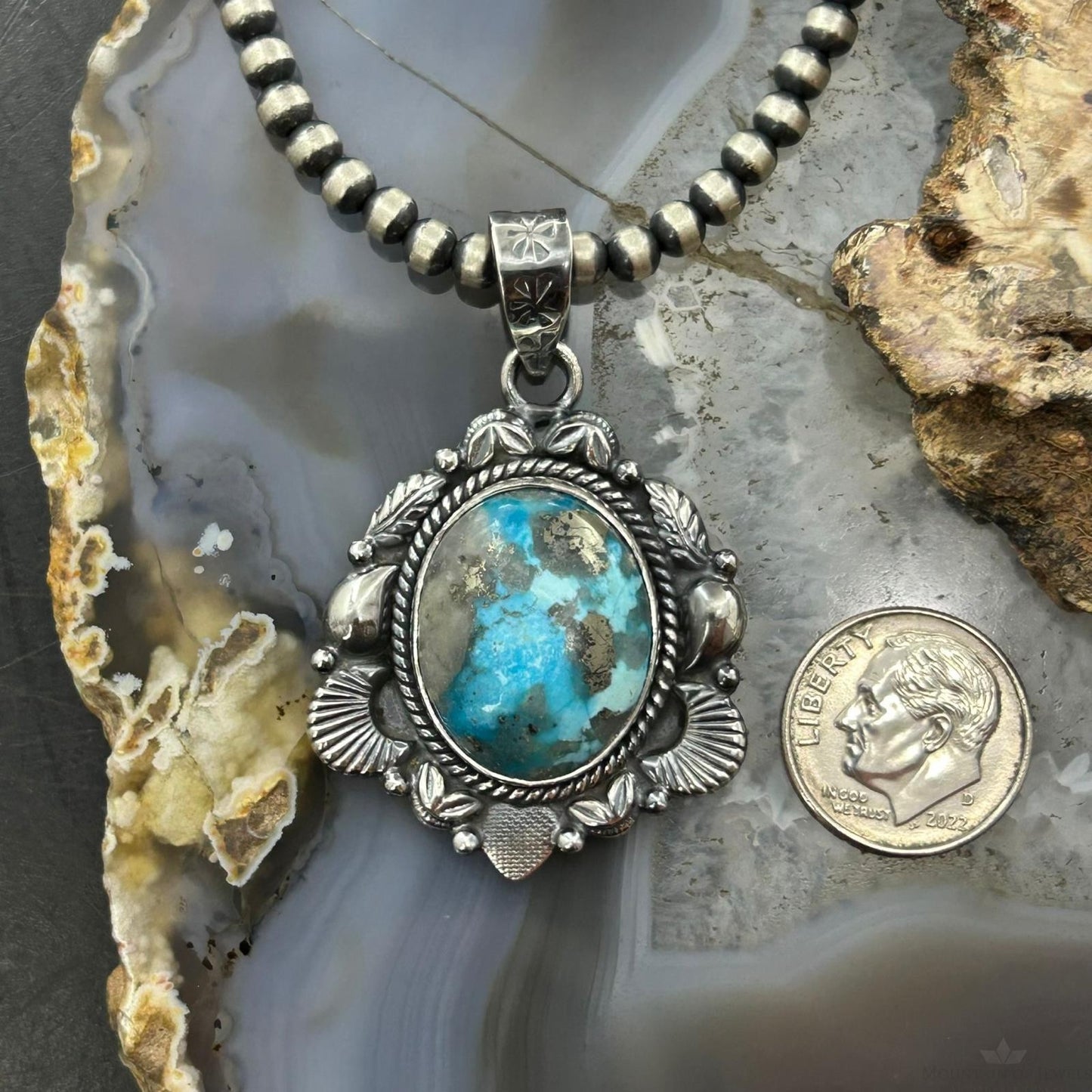 Sterling Silver Southwestern Style Oval Turquoise Decorated Pendant For Women #6