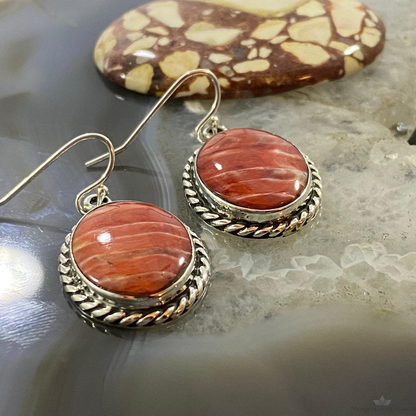 Native American Sterling Silver Oval Spiny Oyster Dangle Earrings For Women #1