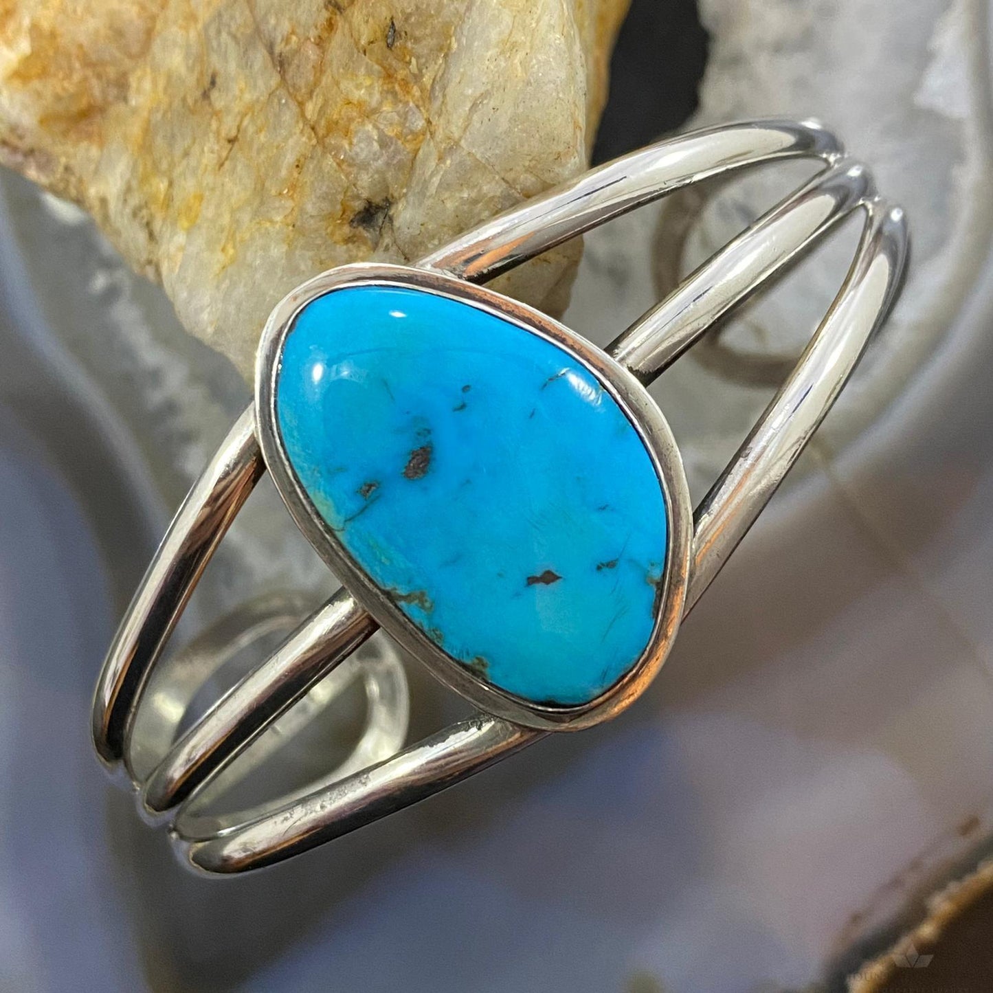 Vintage Signed Native American Sterling Silver Turquoise Split Shank Bracelet For Women