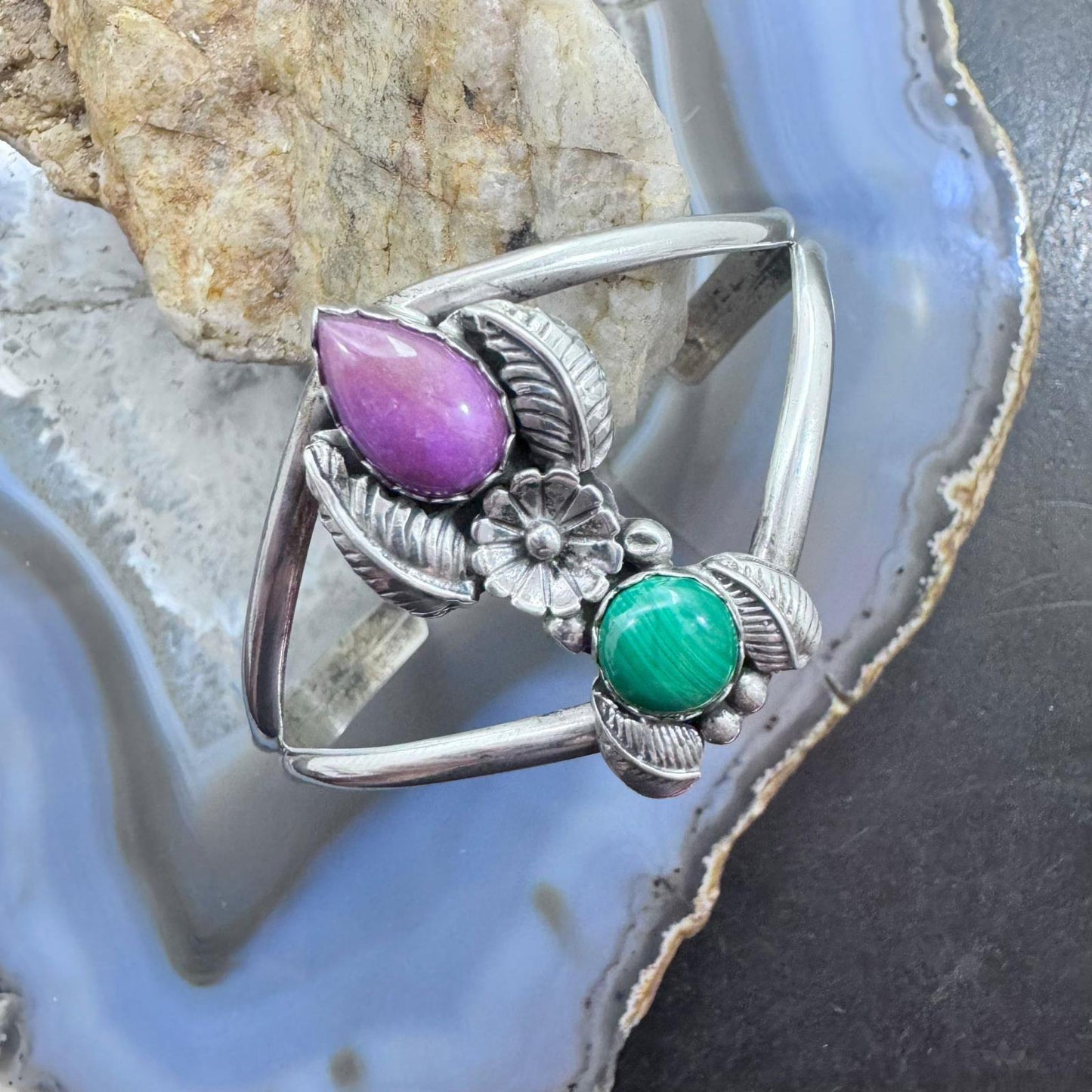 Vintage K. Martinez Native American Sterling Silver Malachite & Sugilite Cuff For Women