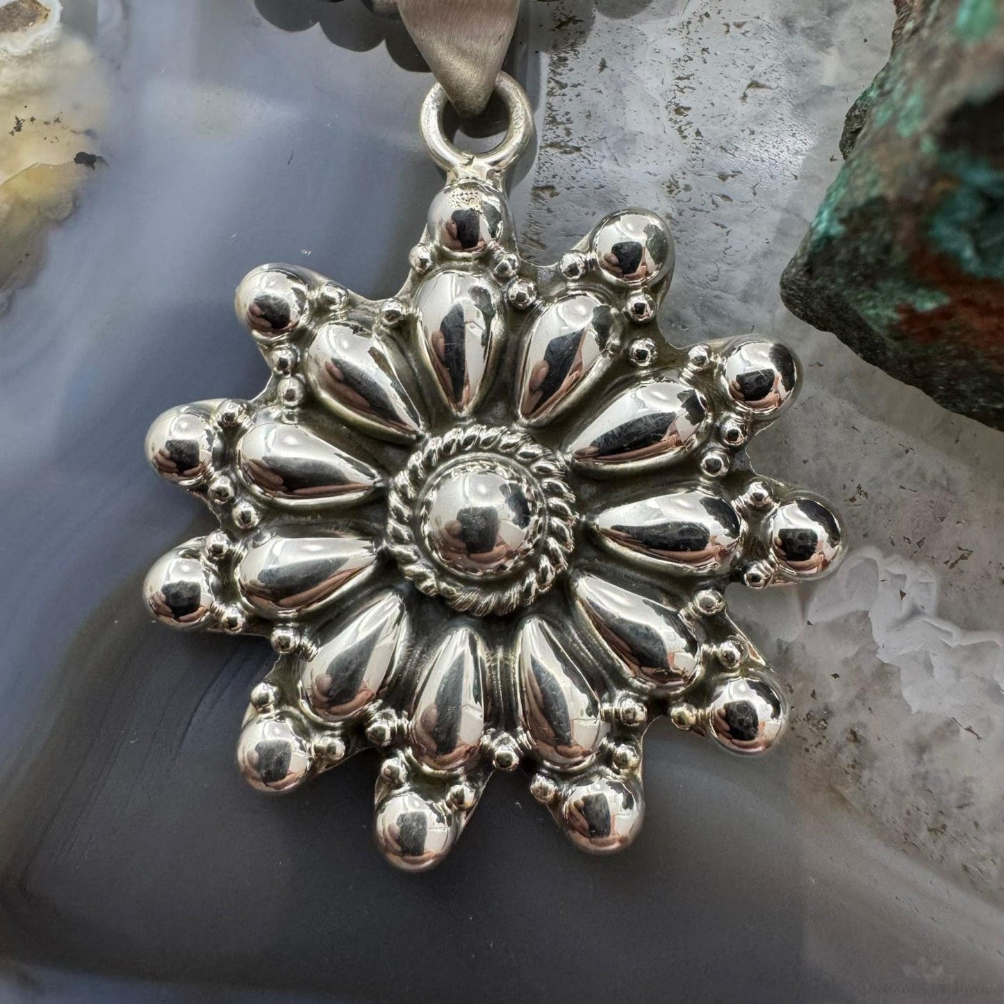 Southwestern Style Sterling Silver Decorated Cluster Floral Pendant For Women