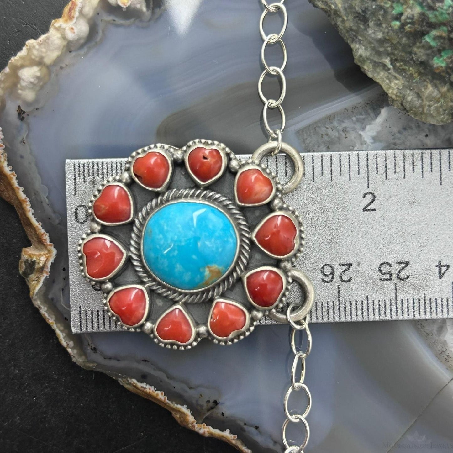 Native American Sterling Silver Round Turquoise &Coral Heart Cluster Pendant W/Necklace For Women