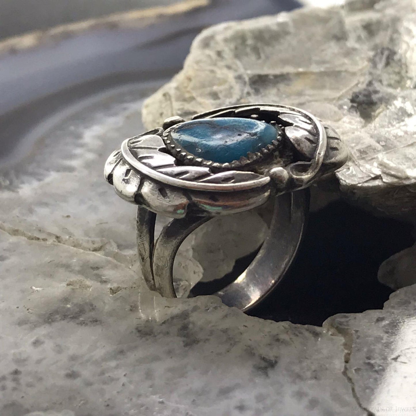 Vintage Native American Silver Natural Turquoise Floral Ring Size 6.5 For Women