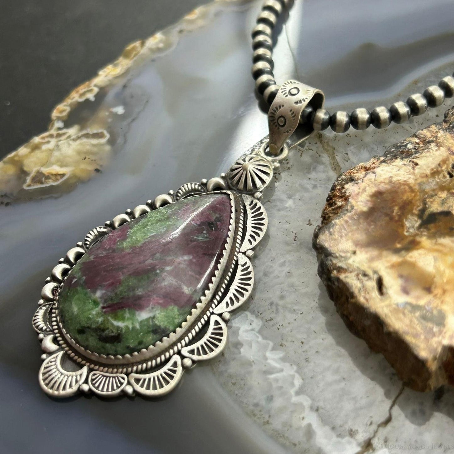 Sterling Silver Southwestern Style Teardrop Ruby Zoisite Decorated Pendant For Women