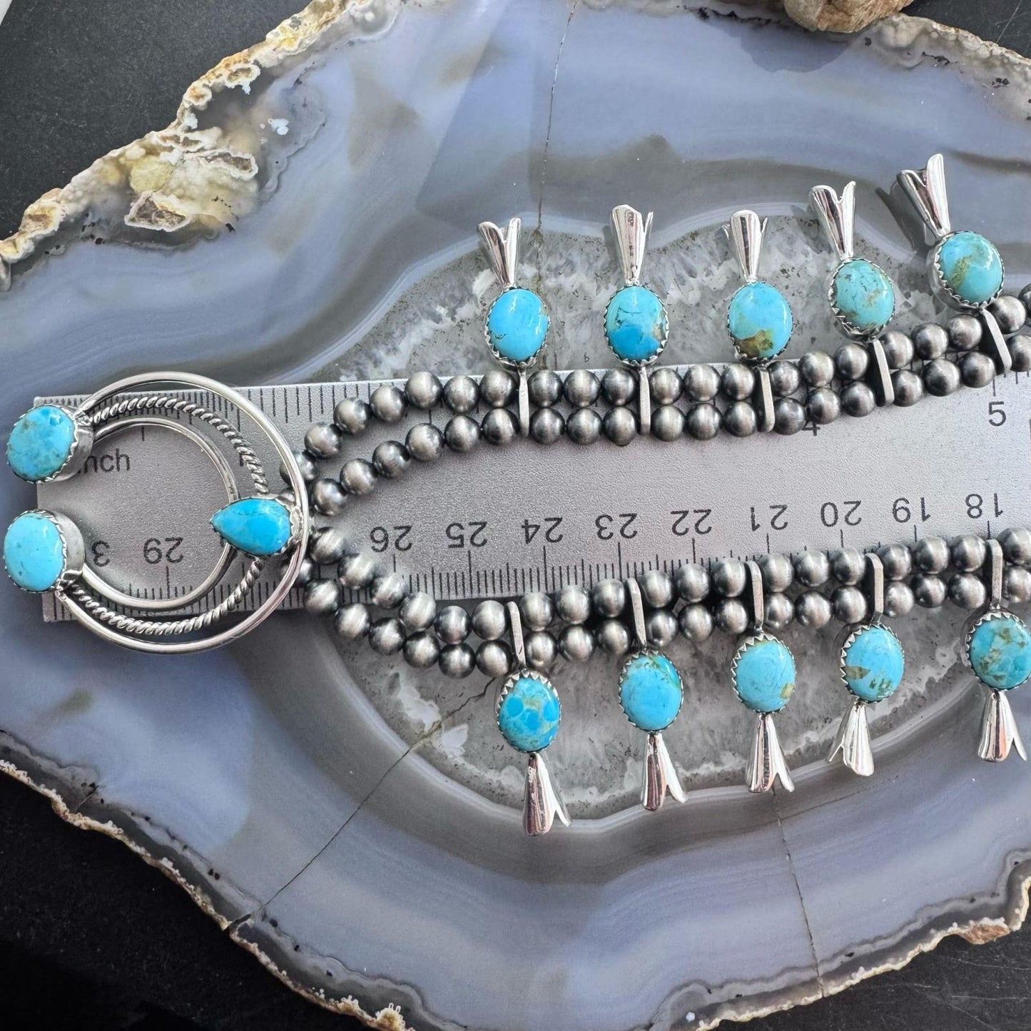 Sterling Silver Southwestern Style Turquoise Squash Blossom 18"-20" Necklace For Women