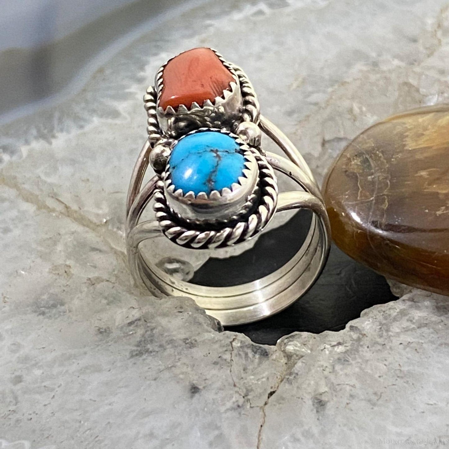 Native American Sterling Silver Turquoise & Coral Ring Size 8.25 For Women