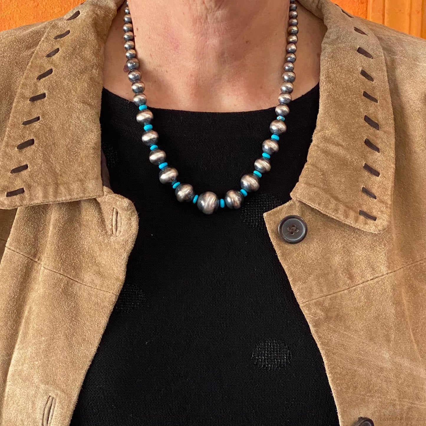 Navajo Pearl Beads Graduated 4-16mm w/Turquoise Disk Beads Sterling 18" Necklace
