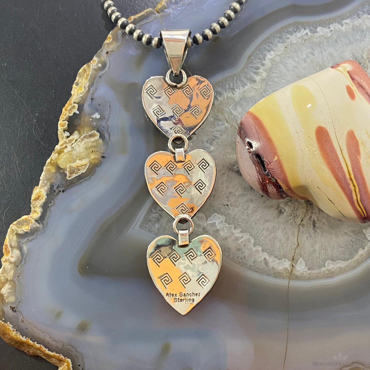Alex Sanchez Native American Sterling Silver Triple Petroglyph Heart Pendant For Women