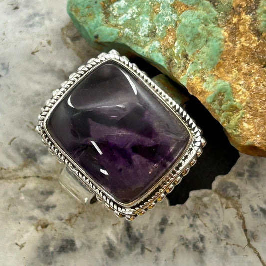 Sterling Silver Southwestern Style Rectangle Star Amethyst Ring Size 8 For Women