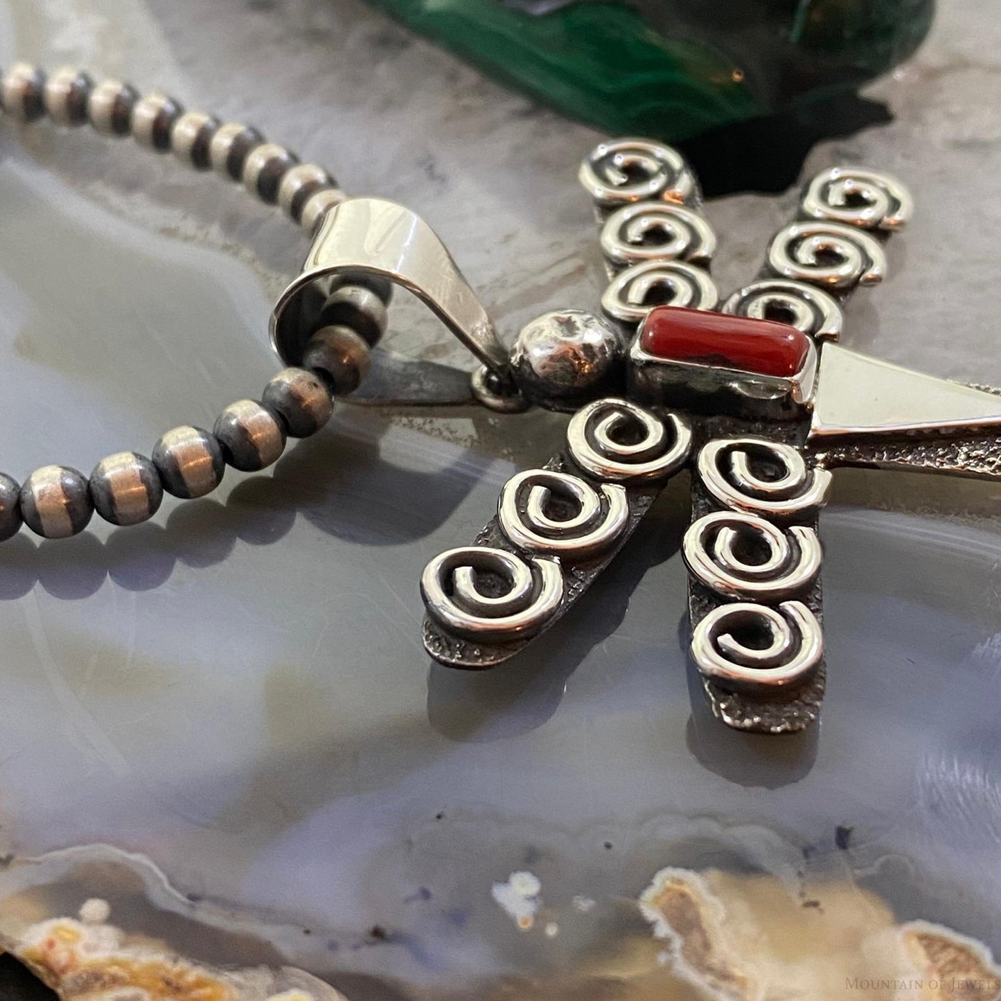 Alex Sanchez Sterling Silver Petroglyph & Coral Dragonfly Unisex Pendant #2