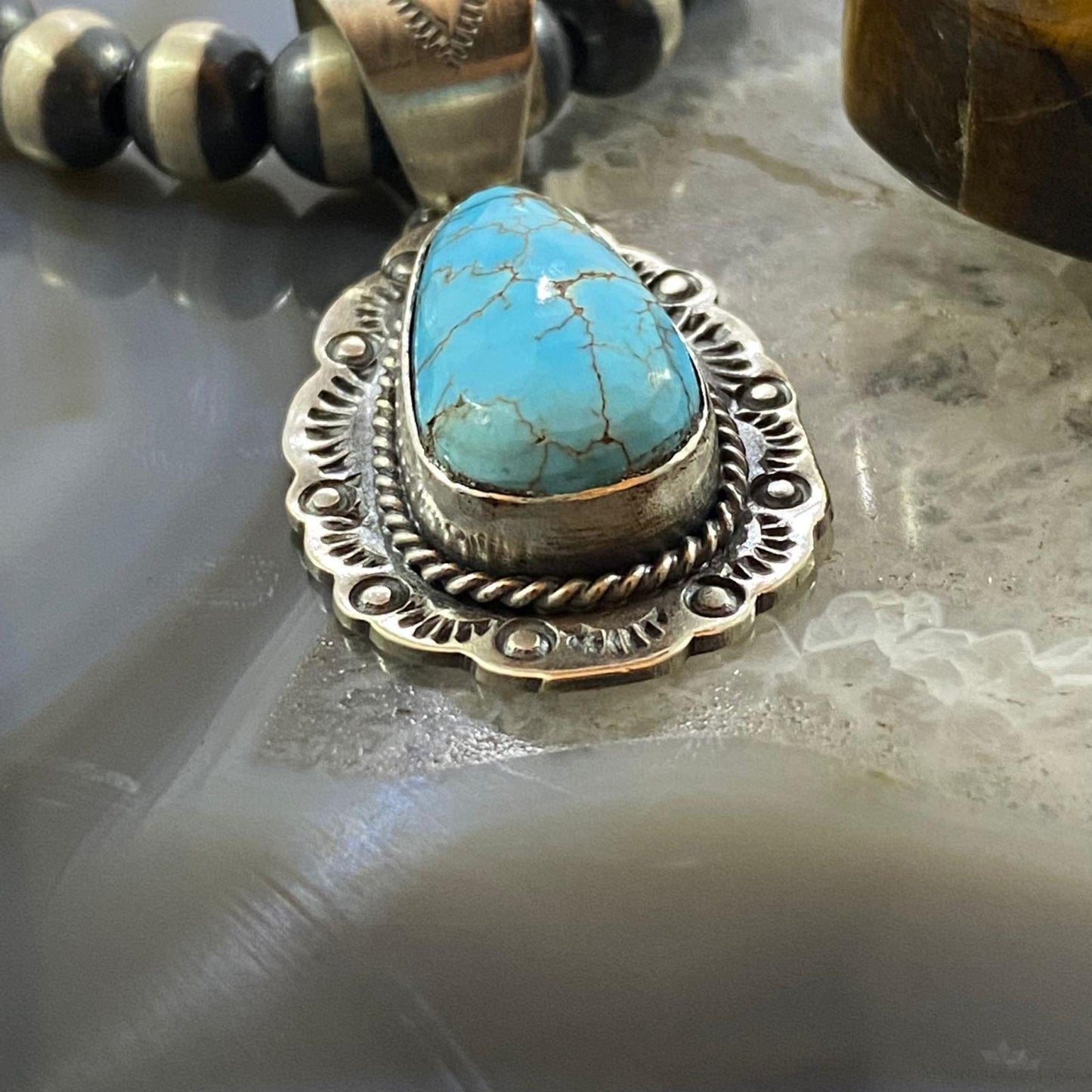 Tim Vanderver Sterling Teardrop Kingman Turquoise Decorated Pendant For Women