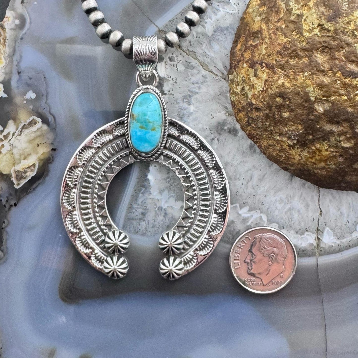 Sterling Silver Southwestern Style Oval Turquoise Decorated Unisex Naja Pendant