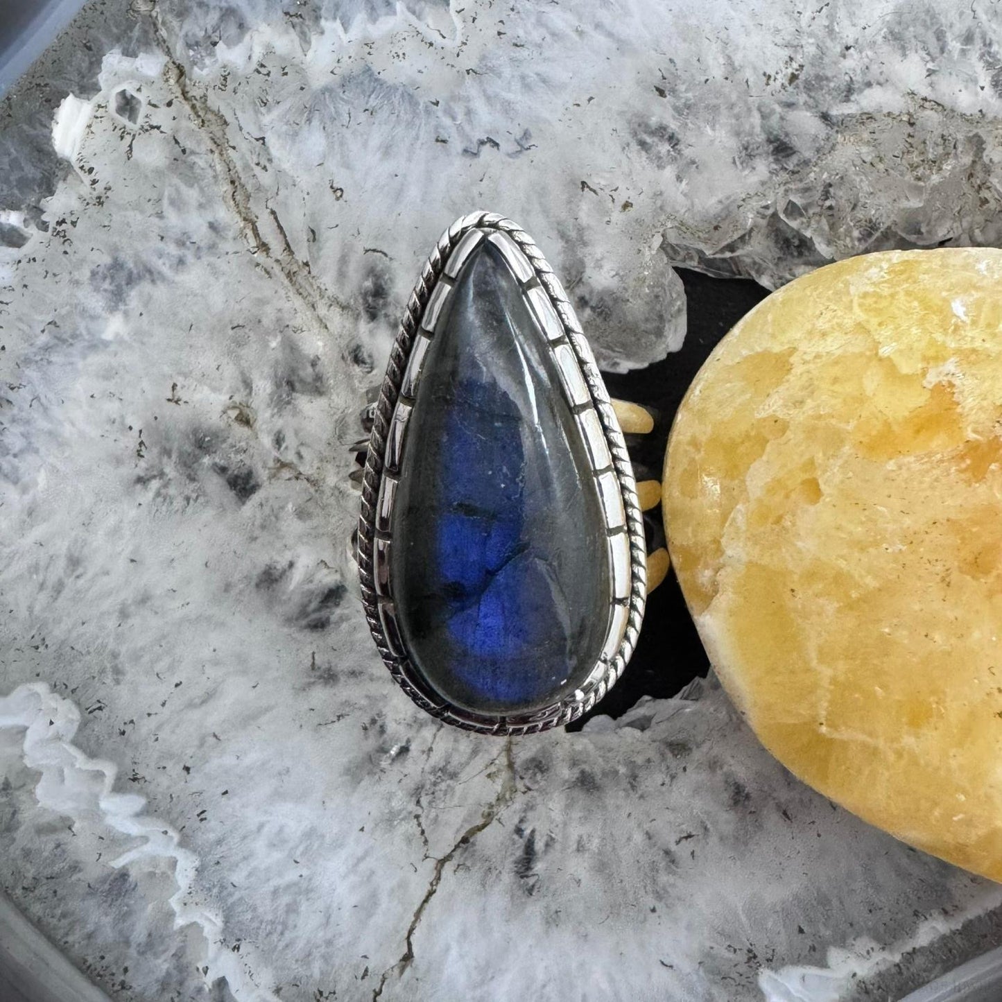 Sterling Silver Southwestern Style Teardrop Labradorite Ring Size 7 For Women