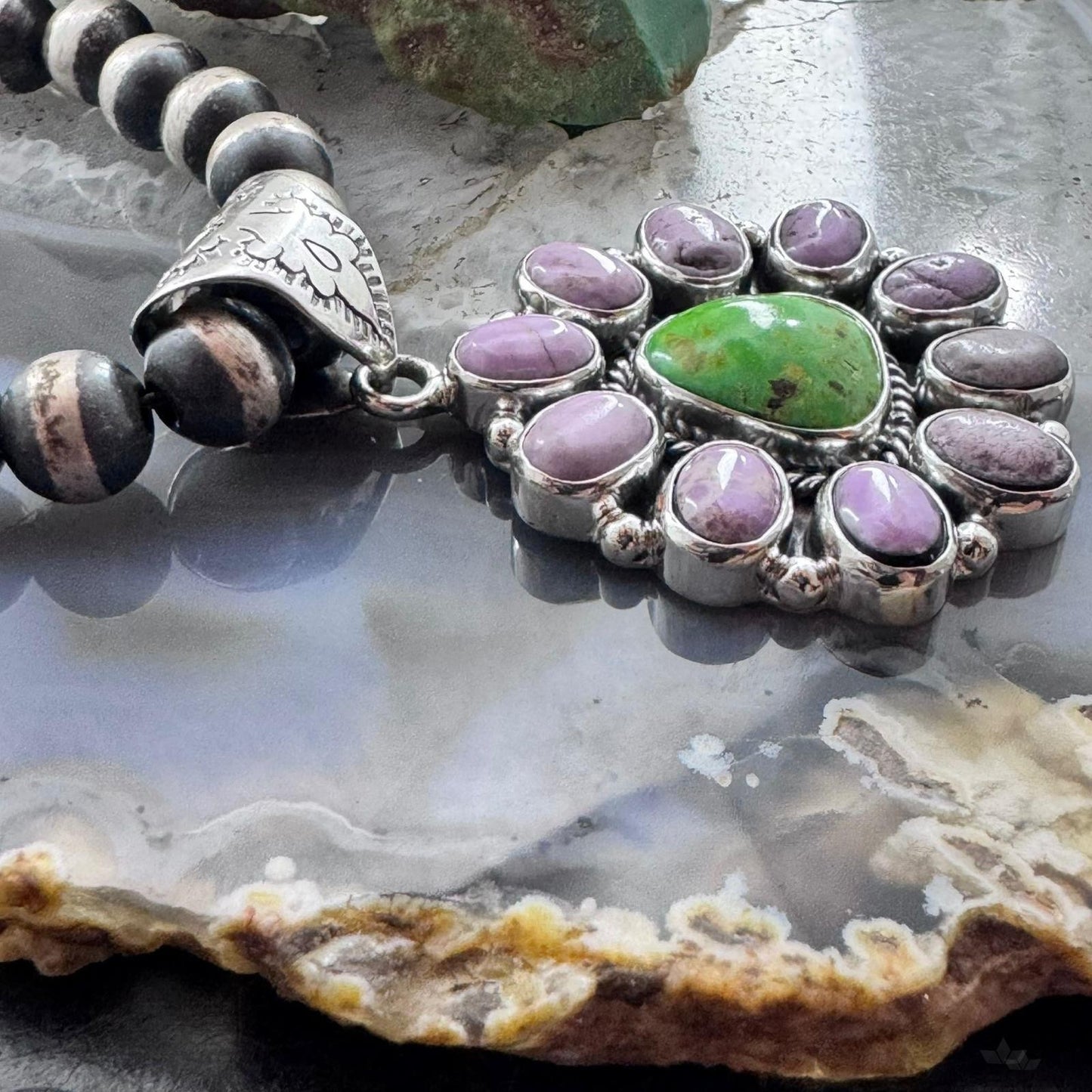 Native American Sterling Silver Green Turquoise w/Phosphosiderite Cluster Pendant For Women