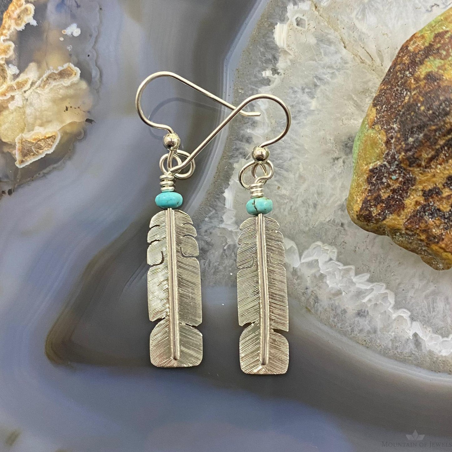 David Kuticka Native American Sterling Silver Feather w/Turq Dangle Earrings #2