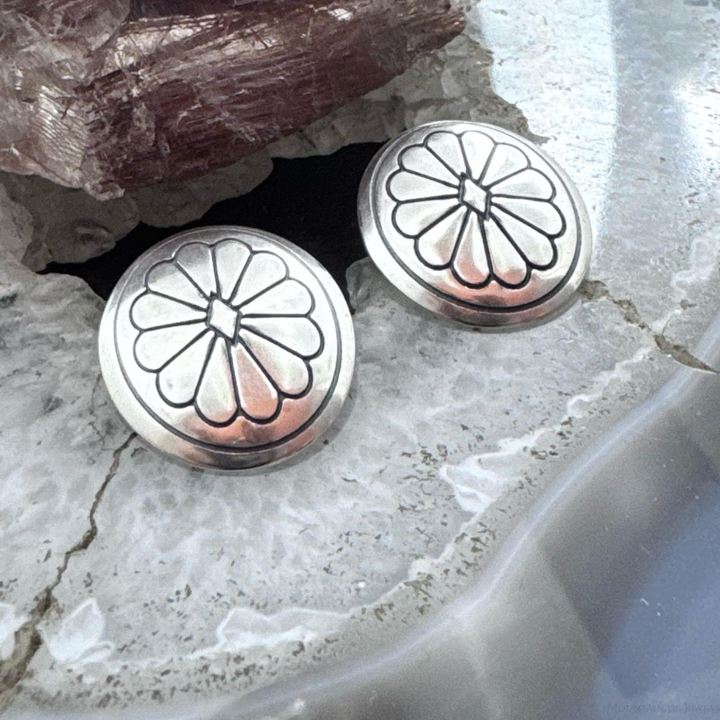 Native American Sterling Silver Round Stamped Oval Concho Stud Earrings For Women