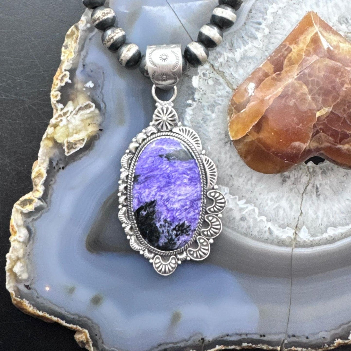 Sterling Silver Southwestern Style Large Oval Charoite Decorated Pendant For Women