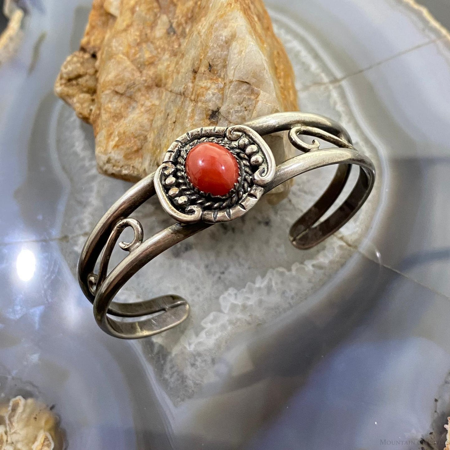 Vintage Native American Silver Oval Coral Decorated Bracelet For Women