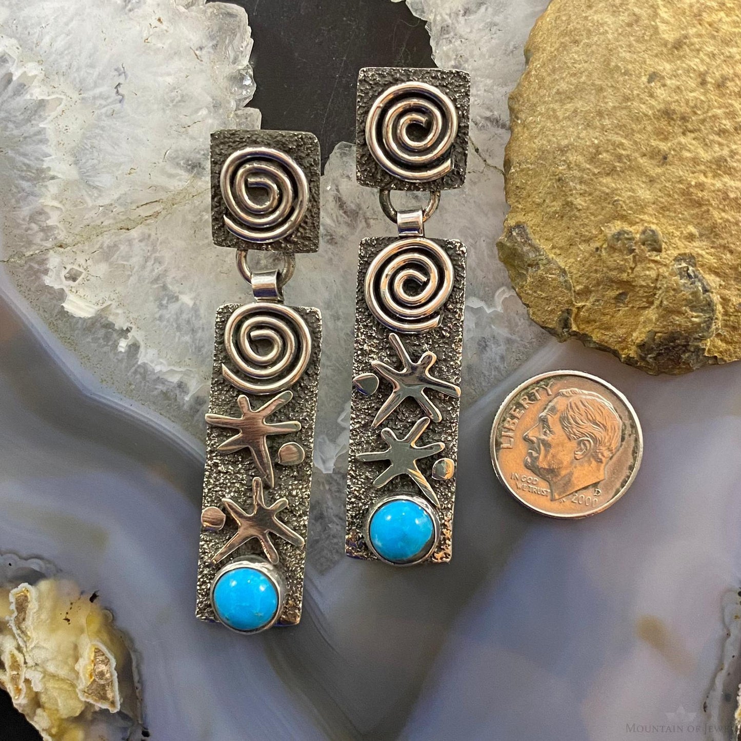 Alex Sanchez Native American Sterling Silver Turquoise Petroglyph Earrings